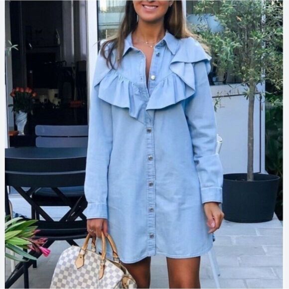 ZARA Dress Womens Extra Small Blue Ruffle Denim Mini Shirt Dress Blogger Fave - Picture 14 of 14